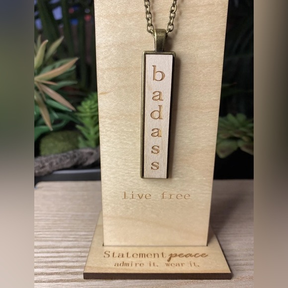 HANDMADE Necklace Artisan Wood “BAD ASS” Pendant Statement Organic & Gift Box - Picture 3 of 5